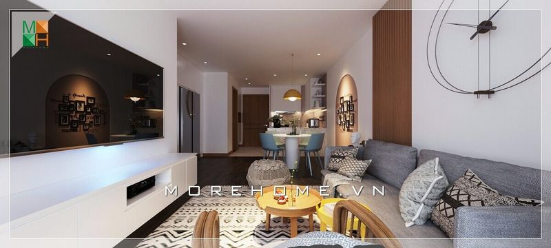 Bộ sofa vải màu ghi được tôn lên trong phòng khách hiện đại tạo nên một vẻ tiện nghi cho ngôi nhà.