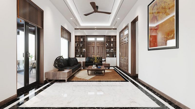 Tranh trí hơi hướng Châu Âu bao gồm quạt trần và tranh kính phòng khách cổ điển.